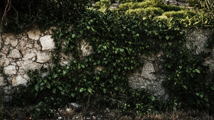 Tangled green vines obscure the textured stone of a crumbling ancient wall in an overgrown natural environment