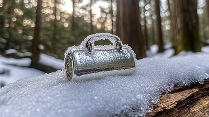 Shiny metal clasp encrusted with ice resting on snowy surface