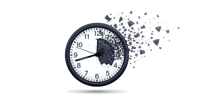 Shattered round clock with cracked glass and flying debris, Conceptual image of lost time and broken deadlines 