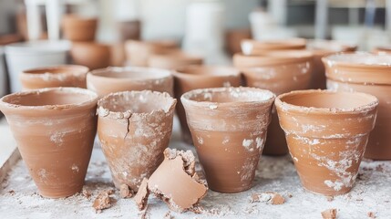Unfinished clay pots in studio showcasing texture and rustic style