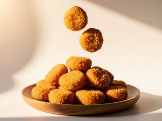 Crispy fried food balls on a plate with some airborne isolated on white background