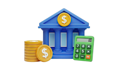 3D Rendering of Bank Building, Coins, and Calculator on transparent background