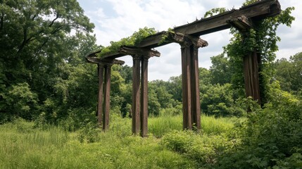 Skeletal wooden structure with columns overtaken by vegetation and vines in an overgrown outdoor setting