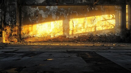 Sunlight streams across a decaying brick wall revealing texture and shadows in an abandoned interior space