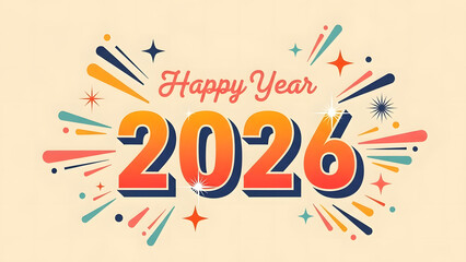 A vibrant and retro-inspired "Happy Year 2026" greeting card design featuring bold colorful numbers and playful starburst elements on a soft cream background.