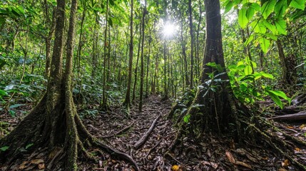 Sunlit Path through dense jungle forest with lush vegetation