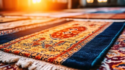 Tattered prayer rugs showing signs of frequent use with ornate patterns illuminated by warm sunlight