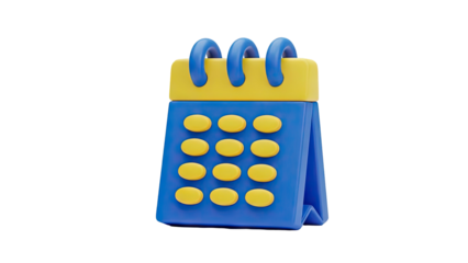 3D calendar icon with blue and yellow colors on transparent background