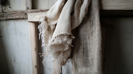 Tattered fragments of natural linen fabric with rough texture and frayed edges hang against a wooden background