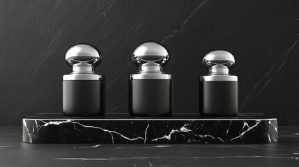 Three stylish perfume bottles on a black marble shelf