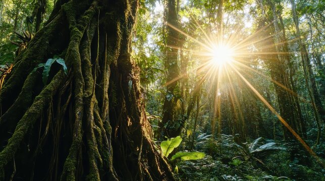Sunlight streams through dense green foliage and ancient trees creating dappled light patterns in a lush tropical forest - Powered by Adobe