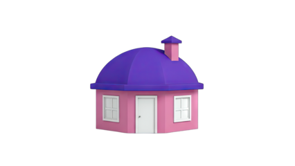 3D Cartoon house with purple dome roof and pink walls on transparent background