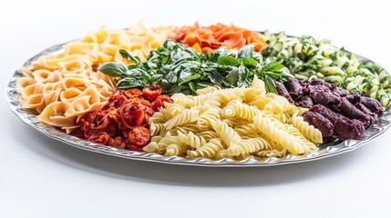 Various colorful pasta types in a large serving dish