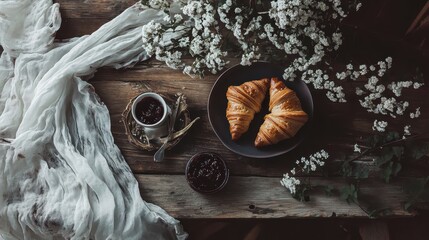 Two golden croissants and jam served on wooden table