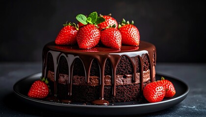 Decadent Chocolate Cake with Fresh Strawberries and Rich Ganache Drizzle, a Perfect Indulgent Dessert