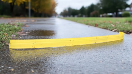 Yellow hazard tape marks a wet outdoor boundary line on an asphalt path after rain