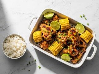 Delicious grilled chicken with corn on the cob and rice on a marble surface with fresh lime slices and herbs