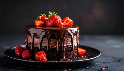 Decadent Chocolate Cake Adorned with Fresh Strawberries and Rich Ganache Drizzle, A Luxurious Dessert Treat