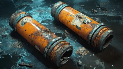 Two weathered orange hydraulic cylinders lying on their sides with visible rust and wear on a dark textured surface