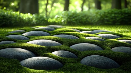 Vibrant green moss carpeting over smooth grey basalt rocks in a tranquil forest setting