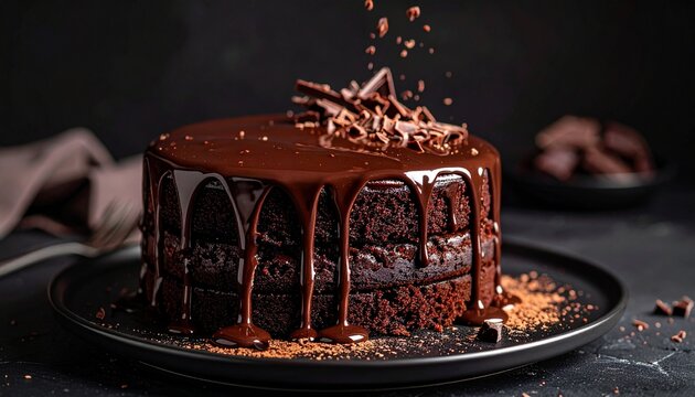 Decadent and rich chocolate layer cake adorned with ganache glaze and elegant chocolate shavings, a sweet indulgence