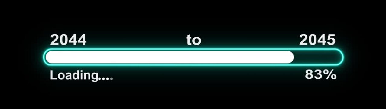 New year 2045 loading bar animation, Loading bar from 2044 to 2045 new year transfer animation. Almost reaching New Year on black background. Welcoming the happy new year 2045. 4k video alpha channel.