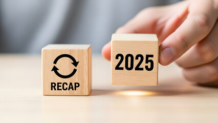 A hand gently lifts a wooden block marked "2025," placed beside another block with "RECAP" and a refresh icon, symbolizing annual reflection.