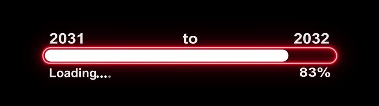 New year 2032 loading bar animation, Loading bar from 2031 to 2032 new year transfer animation. Almost reaching New Year on black background. Welcoming the happy new year 2032. 4k video alpha channel.