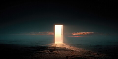 Illuminated Pathway: A beacon of hope emerges from a mysterious, shadowed expanse, casting a radiant light that beckons the viewer towards the unknown.