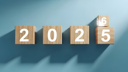 Wooden blocks precisely arrange to form "2025" with a smaller wooden cube containing the number "6" delicately placed atop the "5", symbolizing the completed transition to 2026.