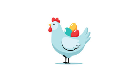 Fototapeta premium A simple and charming flat design illustration of a white hen carrying colorful Easter eggs on its back isolated on a plain white background.
