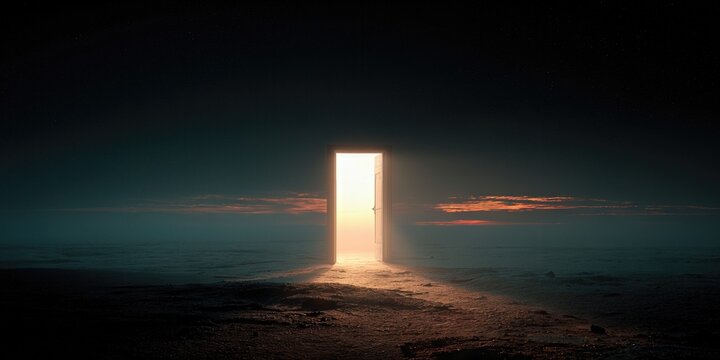 Illuminated Pathway: A beacon of hope emerges from a mysterious, shadowed expanse, casting a radiant light that beckons the viewer towards the unknown.
