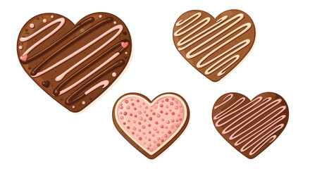 Fototapeta premium Collection of four delicious heart-shaped chocolate cookies decorated with pink and white icing for a Valentine's Day treat.