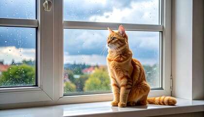 An orange tabby cat sits on a windowsill, gazing out at a rainy, overcast day. Cityscape visible through window