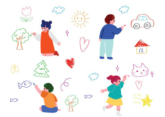 楽しそうにお絵描きをする子供のイラスト