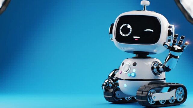 A friendly, futuristic 3D rendered robot waves a welcoming greeting on a vibrant blue background, showcasing advanced artificial intelligence and sleek, modern design. This cute, white mechanical assi