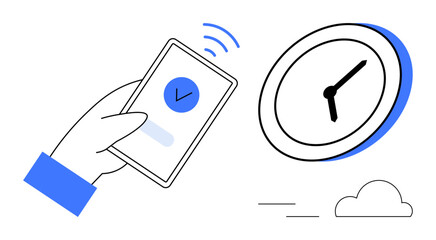 Time management, productivity tools, digital scheduling, technology concepts, remote work, business organization. A hand holds a smartphone with a check mark, next to a clock. Time management