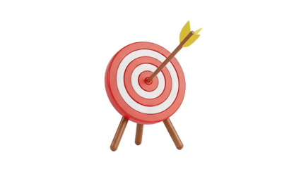 3D Arrow hitting the bullseye on a target on transparent background