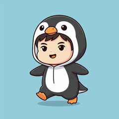 Adorable Child Dressed as a Penguin Cartoon Illustration.