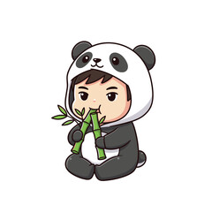 Charming Cartoon Boy in Panda Costume Enjoying Bamboo Snack.