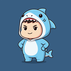 Charming Cartoon Boy in Adorable Shark Costume with Playful Pose.