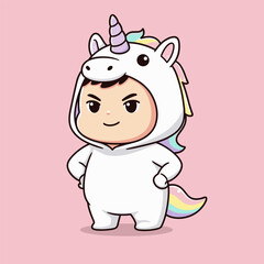 Adorable Cartoon Boy in a Unicorn Costume with a Playful Expression.