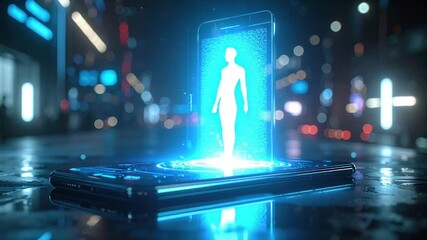 Futuristic phone projecting a human form on a wet, neon-lit surface, city backdrop - Powered by Adobe