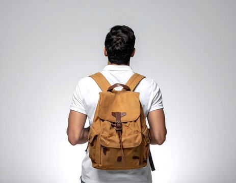 Man, back to camera, wearing a white shirt and backpack