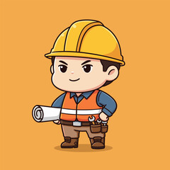 Cartoon Construction Worker Holding Blueprint with Hard Hat and Safety Vest.