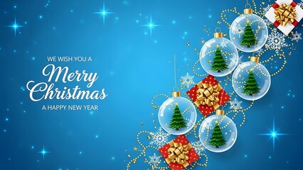 Festive blue background design featuring clear glass Christmas ornaments containing miniature pine trees alongside sparkling golden beads and bright red gift boxes wishing everyone a merry christmas a