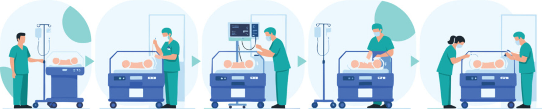Healthcare professionals providing neonatal care to newborn baby in hospital incubator flat vectorHealthcare professionals providing neonatal care to newborn baby in hospital incubator flat vector