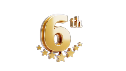 3D Golden 6th Number with Stars on transparent background