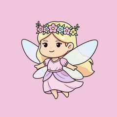 Charming Cartoon Fairy with Flower Crown and Delicate Wings.