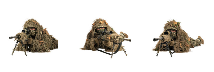 Set of Military Snipers in Ghillie Suits in Prone Positions, Oil Paint Style, Isolated on Transparent Background, PNG
